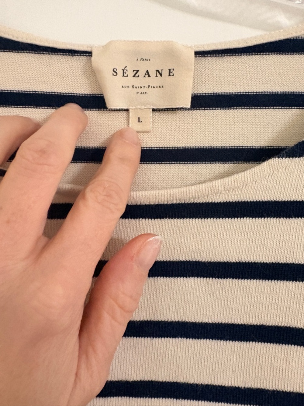 Sezane Cream and Navy Striped Long Sleeve Tee Shirt Top Medium Large - Picture 4 of 7